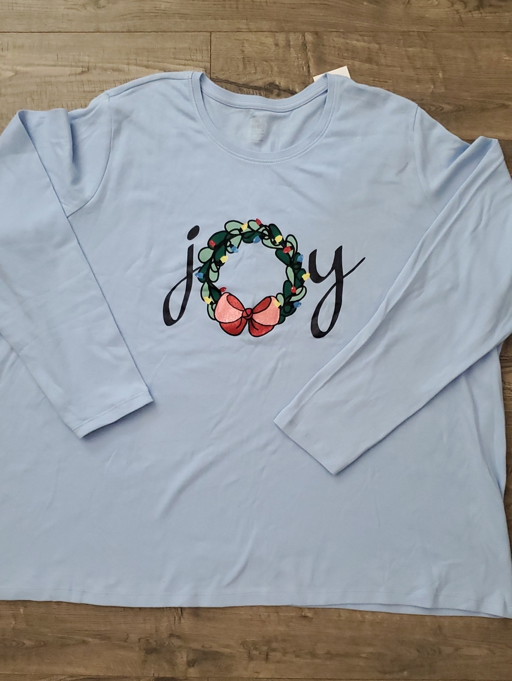Kim Rogers Light Blue Long Sleeve "Joy" Wreath Graphic Tee